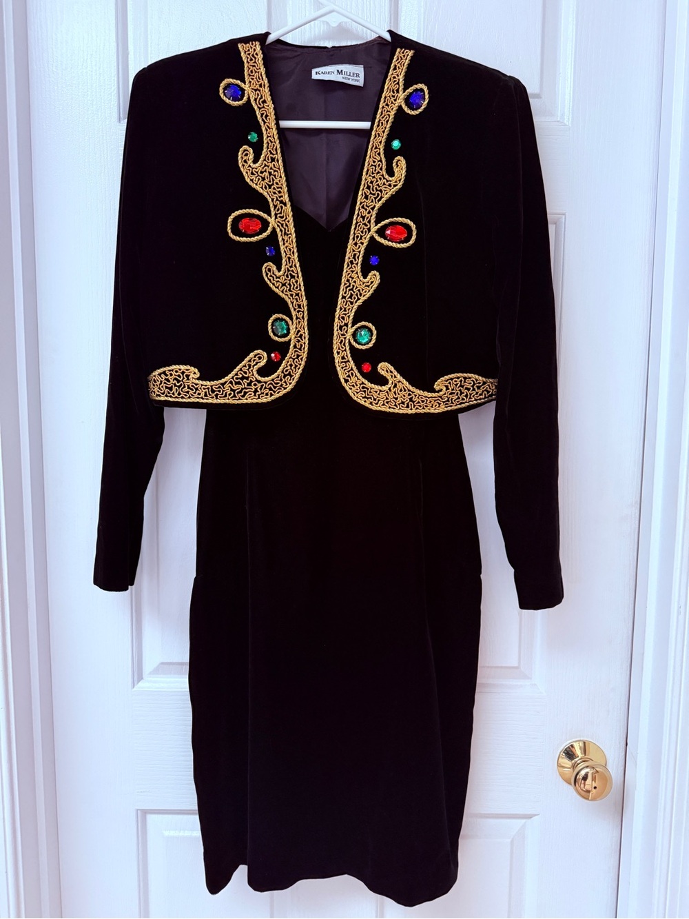 Vintage 80s Karen Miller Velvet Cocktail Dress &
Embroidered Bolero Set Sz Small